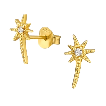 Golden Falling Star with Zircon - 925 Sterling Silver Ear Studs With Zirconia Stones