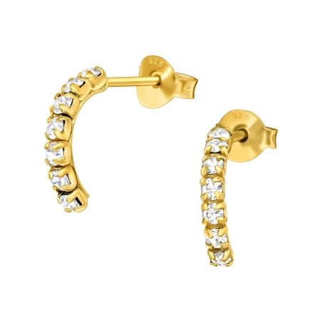 Golden Semi Hoops - 925 Sterling Silver Ear Studs With Crystal Stones