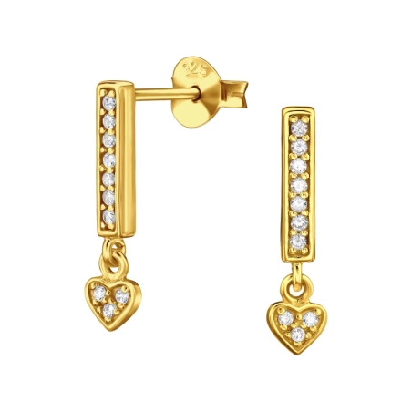 Golden Dangling Heart with Zirconia - 925 Sterling Silver Ear Studs With Zirconia Stones