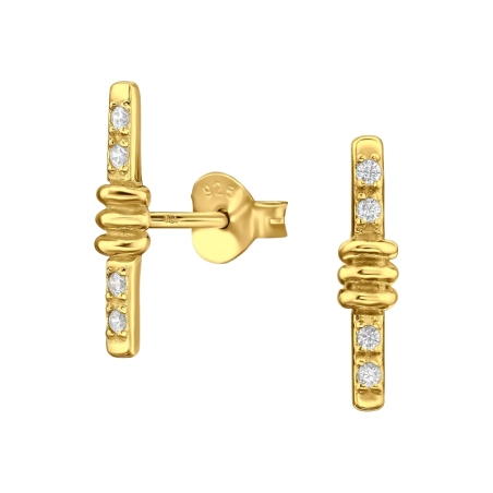 Golden Straight Bar with Zirconia - 925 Sterling Silver Ear Studs With Zirconia Stones