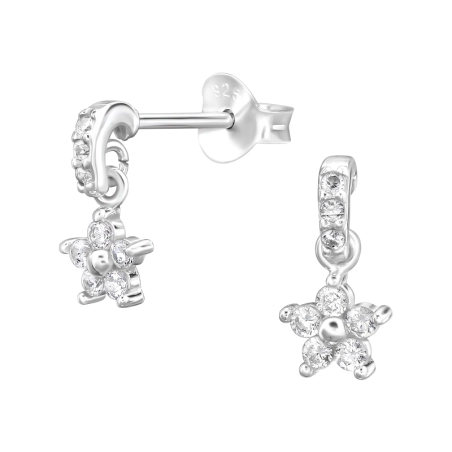 Dangling Flower with Zirconia - 925 Sterling Silver Ear Studs With Zirconia Stones