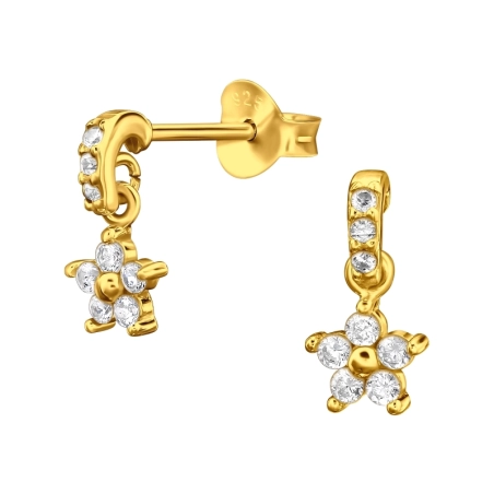 Golden Dangling Flower with Zirconia - 925 Sterling Silver Ear Studs With Zirconia Stones