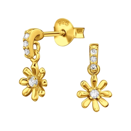 Golden Dangling Sunflower with Zirconia - 925 Sterling Silver Ear Studs With Zirconia Stones