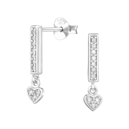 Bar With Dangling Heart - 925 Sterling Silver Ear Studs With Zirconia Stones