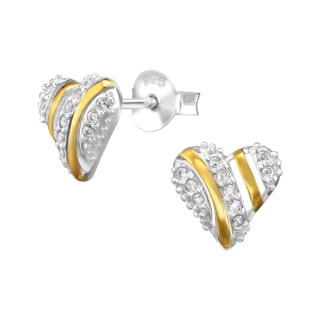  2 Tone Heart with Zirconia - 925 Sterling Silver Ear Studs With Zirconia Stones