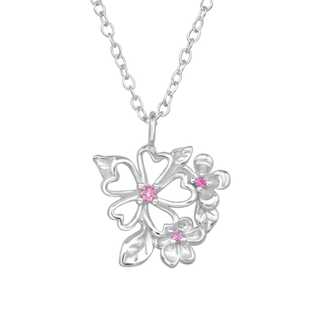 Flowers And Leaf  with Zirconia - 925 Sterling Silver Necklace With Stones