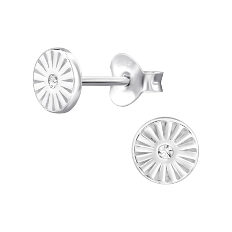 Patterned Disc with Zirconia - 925 Sterling Silver Ear Studs With Zirconia Stones