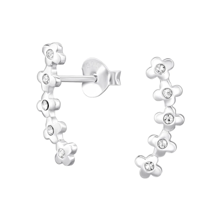 5 Flowers in a Line - 925 Sterling Silver Ear Studs With Crystal Stones