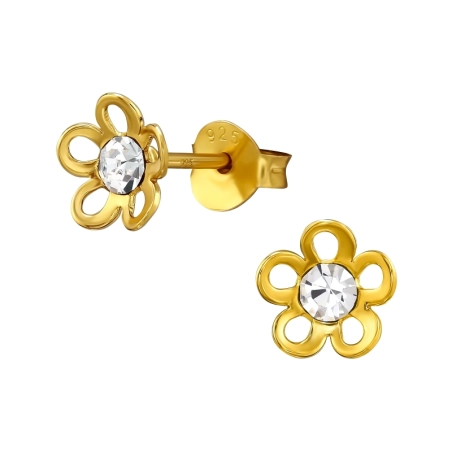 Golden Flower with Crystals - 925 Sterling Silver Ear Studs With Crystal Stones