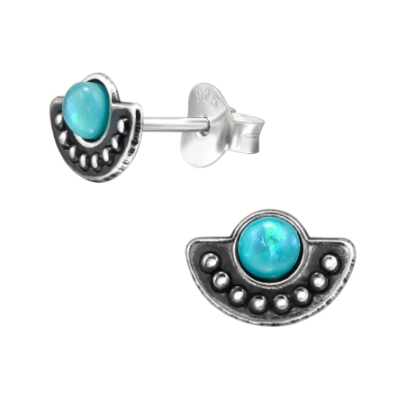 Ethnic with Opal - 925 Sterling Silver Ear Studs With Semi-Precious Stones