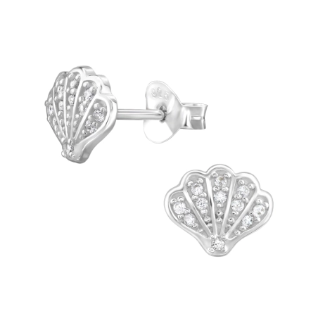 Shell with Zirconia - 925 Sterling Silver Ear Studs With Zirconia Stones
