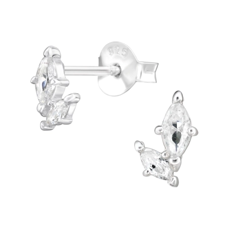 Marquise with 2 Zirconia - 925 Sterling Silver Ear Studs With Zirconia Stones