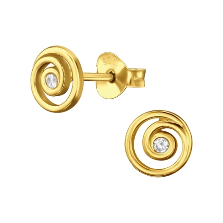 Golden  Spiral with Zirconia - 925 Sterling Silver Ear Studs With Zirconia Stones