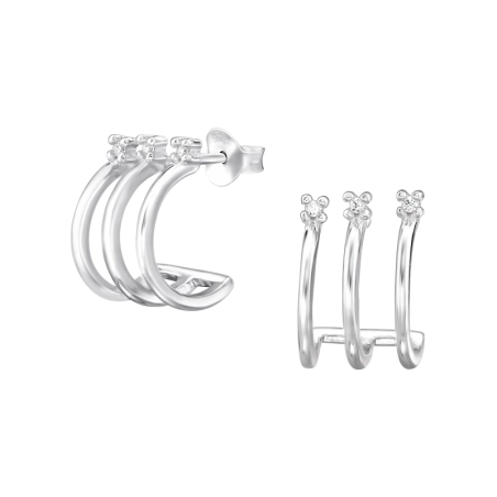 Triple Half Hoop - 925 Sterling Silver Ear Studs with Zirconia stones