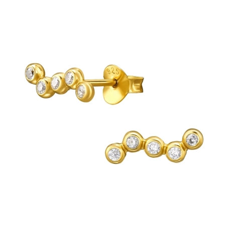 Golden Curved Cluster - 925 Sterling Silver Ear Studs With Zirconia Stones