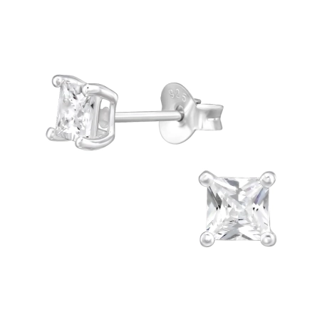 4mm Square - 925 Sterling Silver Ear Studs with Zirconia stones
