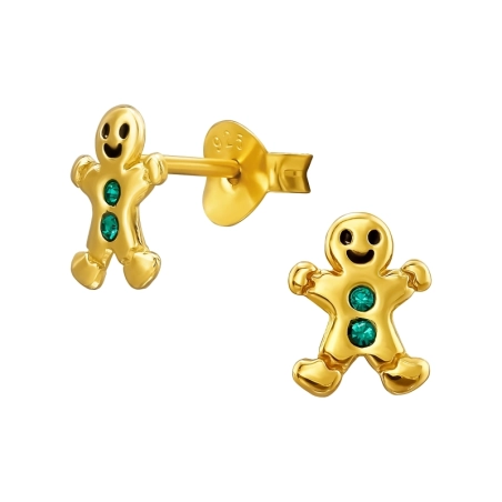 Golden Gingerbread Man with Crystals - 925 Sterling Silver Ear Studs With Stones