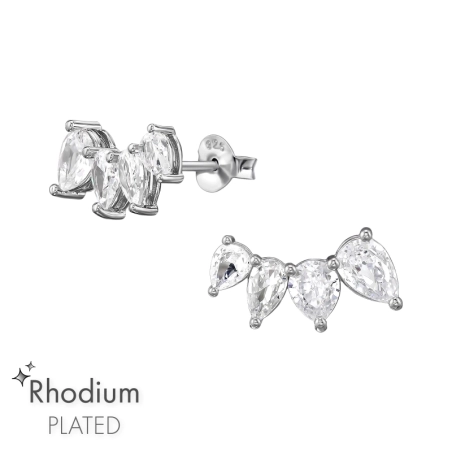 Curved Row with Zirconia - 925 Sterling Silver Ear Studs With Zirconia Stones