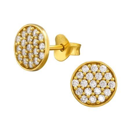 Golden Round with Zirconia - 925 Sterling Silver Ear Studs With Zirconia Stones