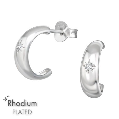 Half Hoop with Zirconia - 925 Sterling Silver Ear Studs With Zirconia Stones