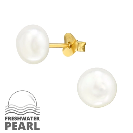 Golden with Pearl 7mm - 925 Sterling Silver Ear Studs With Pearls