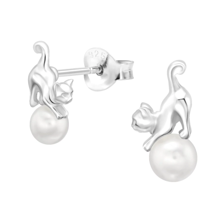 Cat with Pearl - 925 Sterling Silver Ear Studs With Pearls