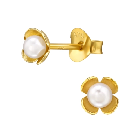 Golden Flower with Pearl - 925 Sterling Silver Ear Studs With Pearls