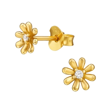 Golden Flower with Zirconia - 925 Sterling Silver Ear Studs With Zirconia Stones