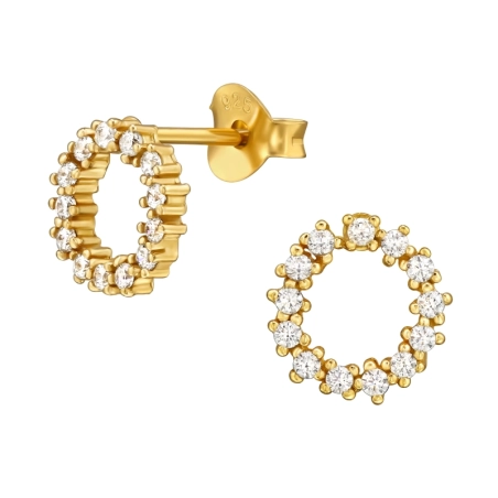 Golden Floral Wreath with Zirconia - 925 Sterling Silver Ear Studs With Zirconia Stones