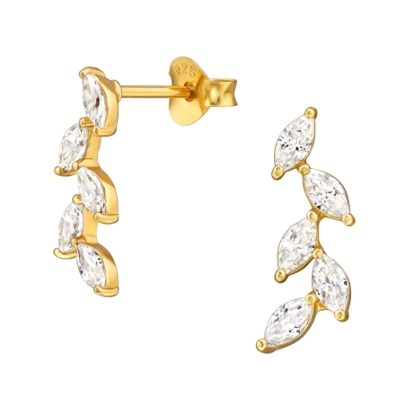 Golden Olive Leaf with Zirconia - 925 Sterling Silver Ear Studs With Zirconia Stones
