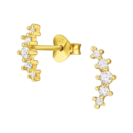 Golden Curved with Zirconia - 925 Sterling Silver Ear Studs With Zirconia Stones