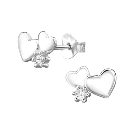 Double Heart - 925 Sterling Silver Ear Studs With Zirconia Stones