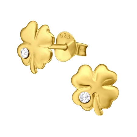 Clover with Crystal - 925 Sterling Silver Ear Studs With Crystal Stones