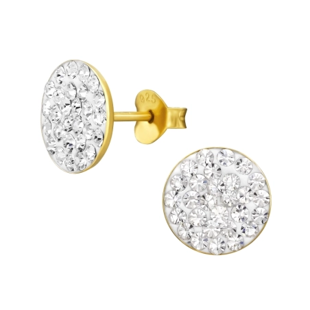 Golden round with crystals - 925 Sterling Silver Ear Studs With Crystal Stones