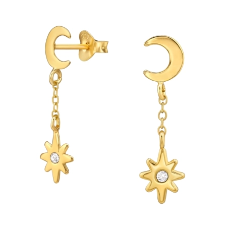 Golden Crescent Moon And Star - 925 Sterling Silver Ear Studs With Crystal Stones