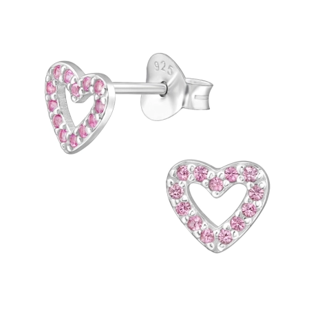 Heart earstuds with pink zirconia stones - 925 Sterling Silver Ear Studs With Zirconia Stones