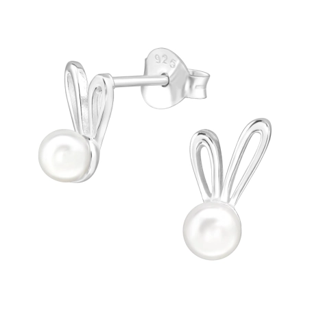 Rabbit with pearl - 925 Sterling Silver Ear Studs With Pearls