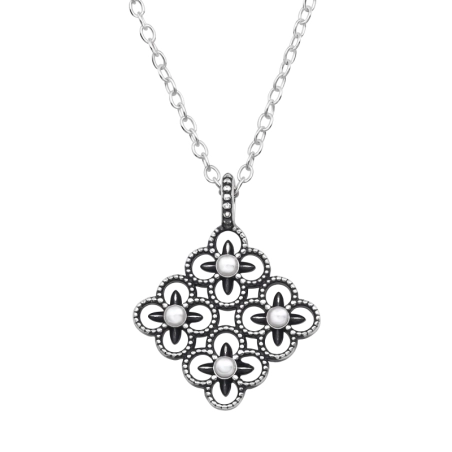 Oxidized flowers with pearls - 925 Sterling Silver Necklace With Stones