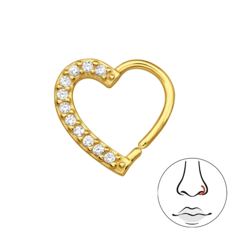 Golden Heart with Zirconia - 925 Sterling Silver Nose Silver Piercing