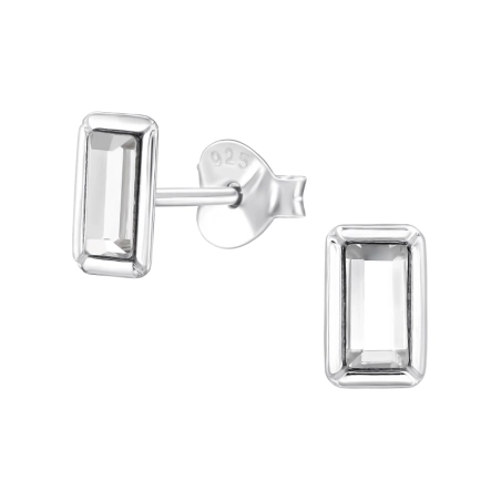 Rectangle with crystal - 925 Sterling Silver Ear Studs With Crystal Stones