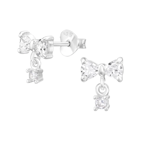 Bow with Crystals - 925 Sterling Silver Ear Studs With Zirconia Stones