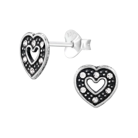 Heart with crystals - 925 Sterling Silver Ear Studs With Crystal Stones