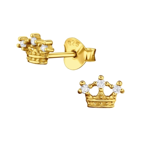 Golden Crown with Crystals - 925 Sterling Silver Ear Studs With Zirconia Stones