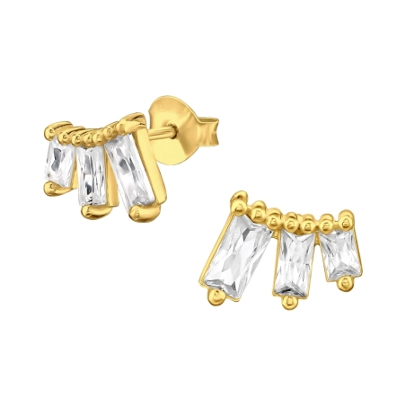 Golden Baguette with Zirconia - 925 Sterling Silver Ear Studs With Zirconia Stones