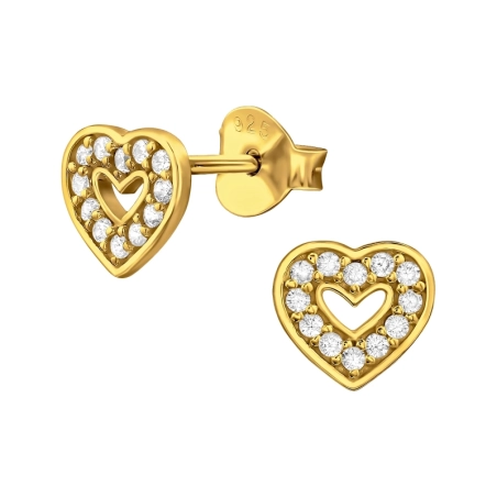 Golden Open Heart - 925 Sterling Silver Ear Studs With Zirconia Stones