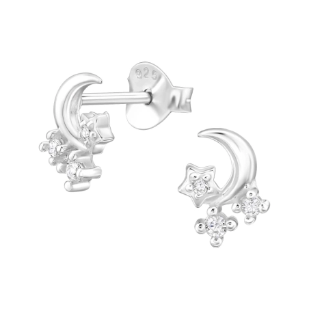 Moon And Stars with Zirconia - 925 Sterling Silver Ear Studs With Zirconia Stones