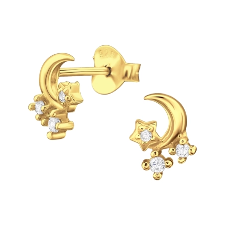 Golden Moon And Stars - 925 Sterling Silver Ear Studs With Zirconia Stones