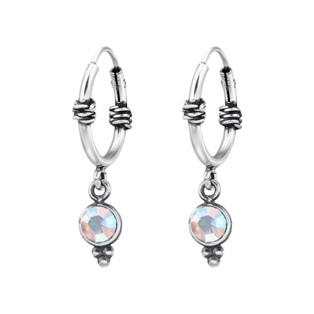 Bali Silver Hoops with Crystal - 925 Sterling Silver Bali Silver Hoops