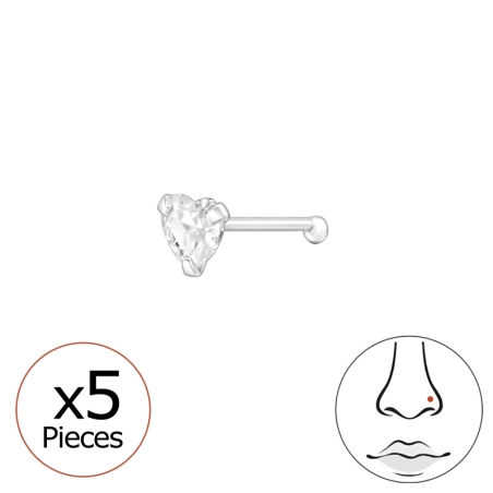 5pcs Heart with crystals - 925 Sterling Silver Nose Silver Piercing