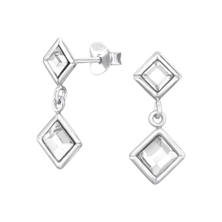 Square  with Crystal stones - 925 Sterling Silver Ear Studs With Crystal Stones